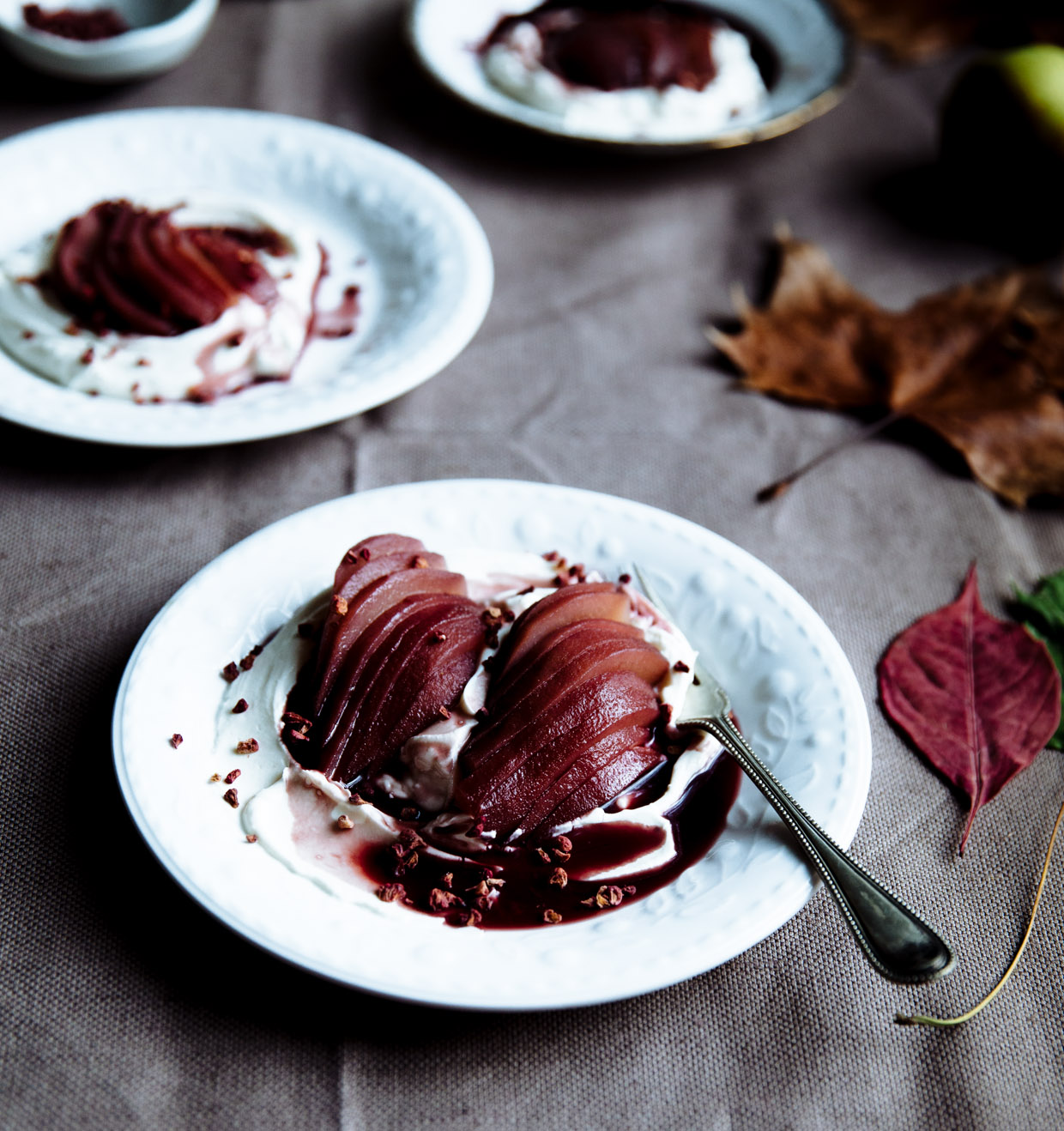 Red wine & grape molasses poached pears with mascarpone