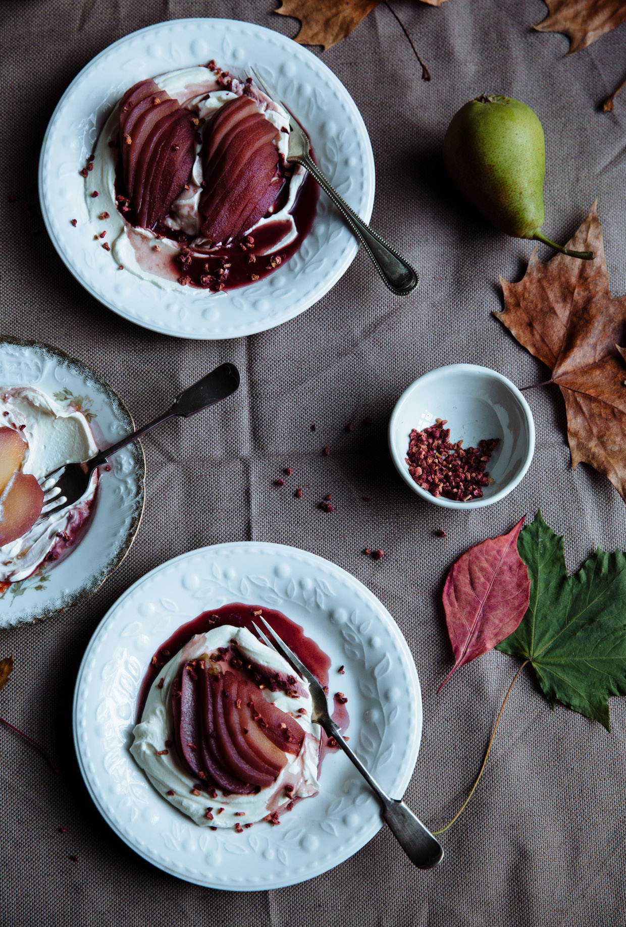 Red wine & grape molasses poached pears with mascarpone