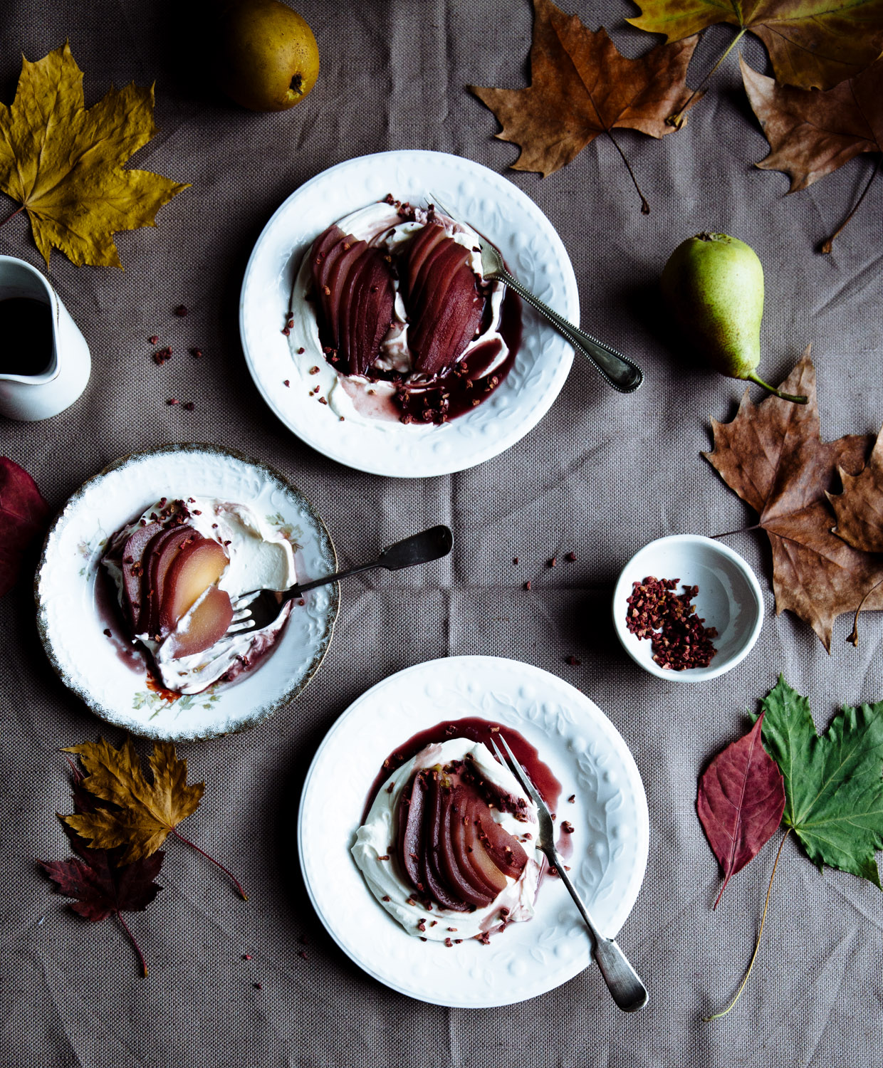 Red wine & grape molasses poached pears with mascarpone