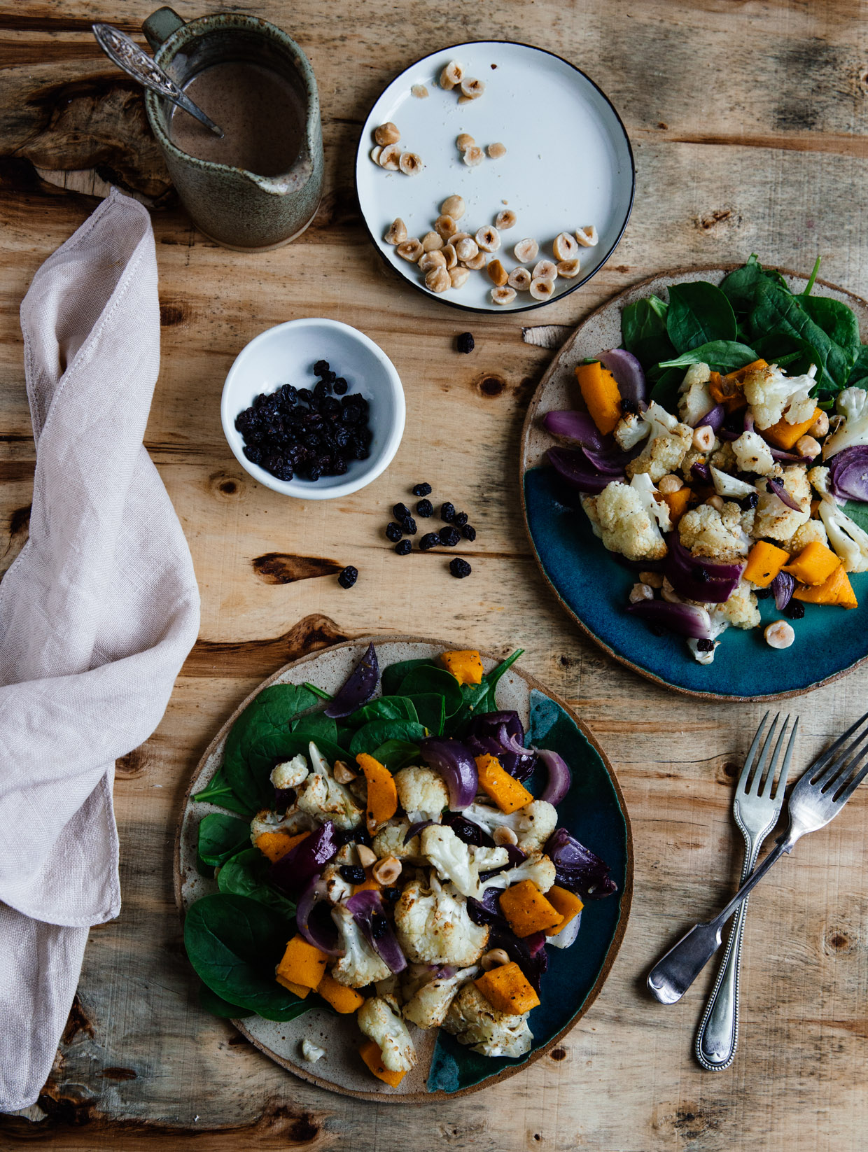 Cauliflower, spinach & hazelnut salad with peanut butter dressing