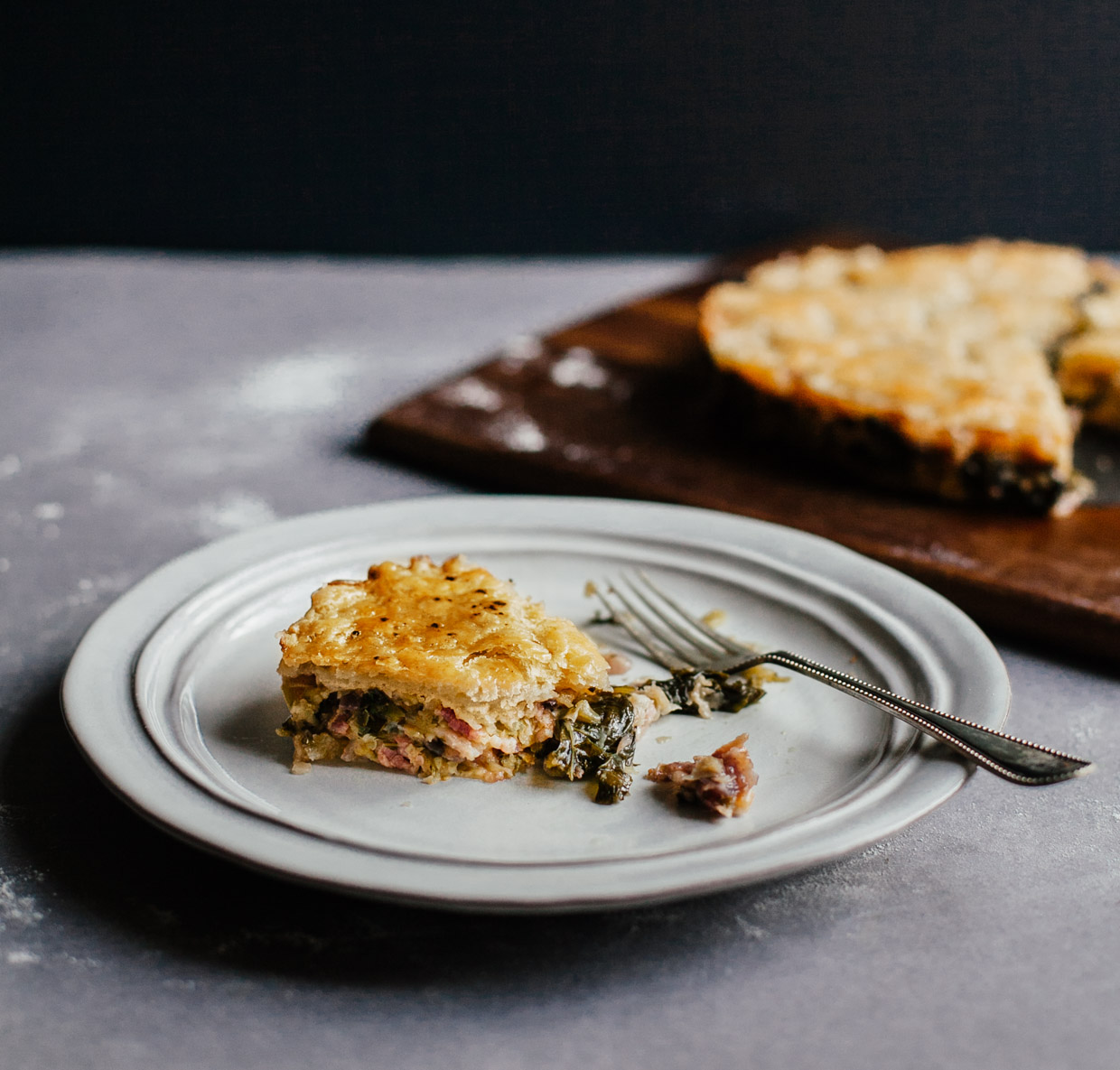 Leek, bacon & kale pie