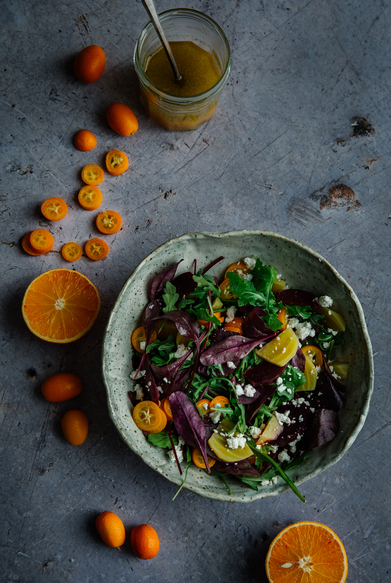 Beet & kumquat salad with maple & blood orange dressing
