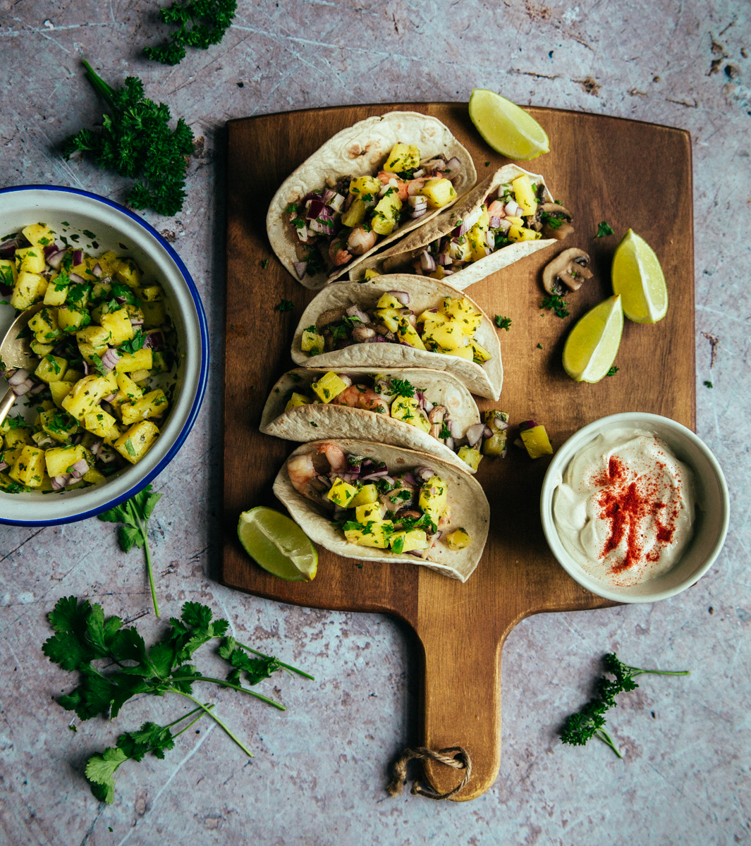 Mushroom & prawn tacos with spicy pineapple & lime salsa