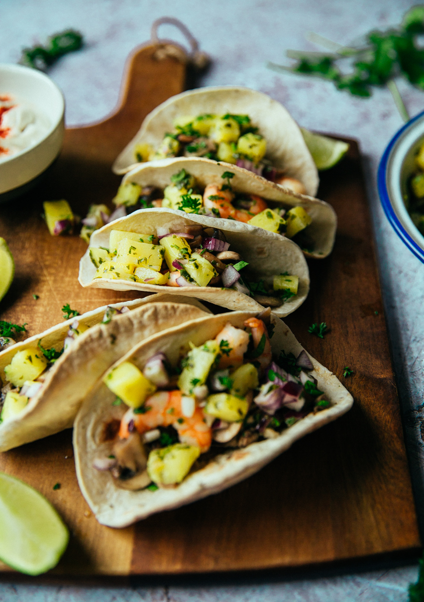 Mushroom & prawn tacos with spicy pineapple & lime salsa
