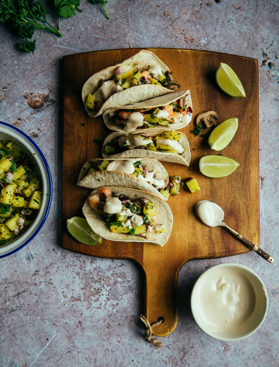 Mushroom & prawn tacos with spicy pineapple & lime salsa