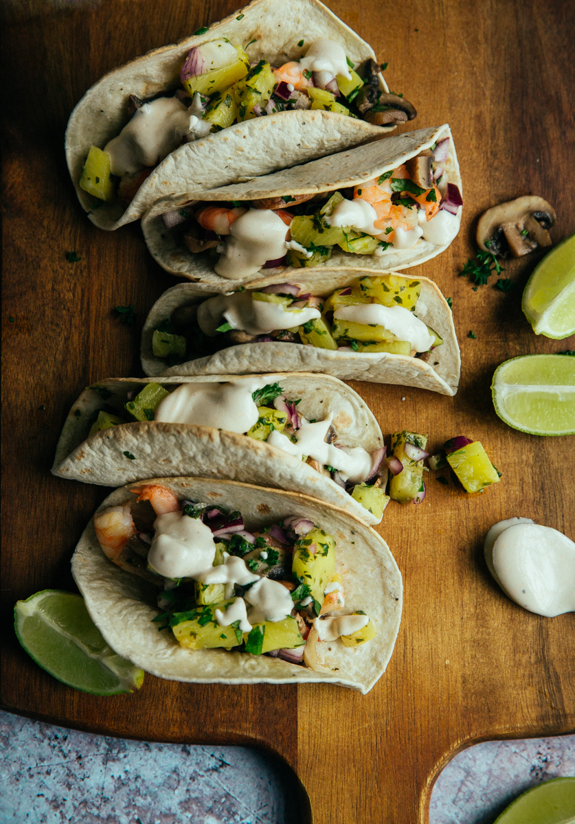 Mushroom & prawn tacos with spicy pineapple & lime salsa