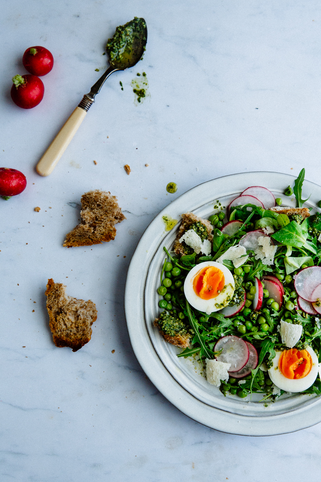 Pea, pesto & egg salad with radishes & sourdough