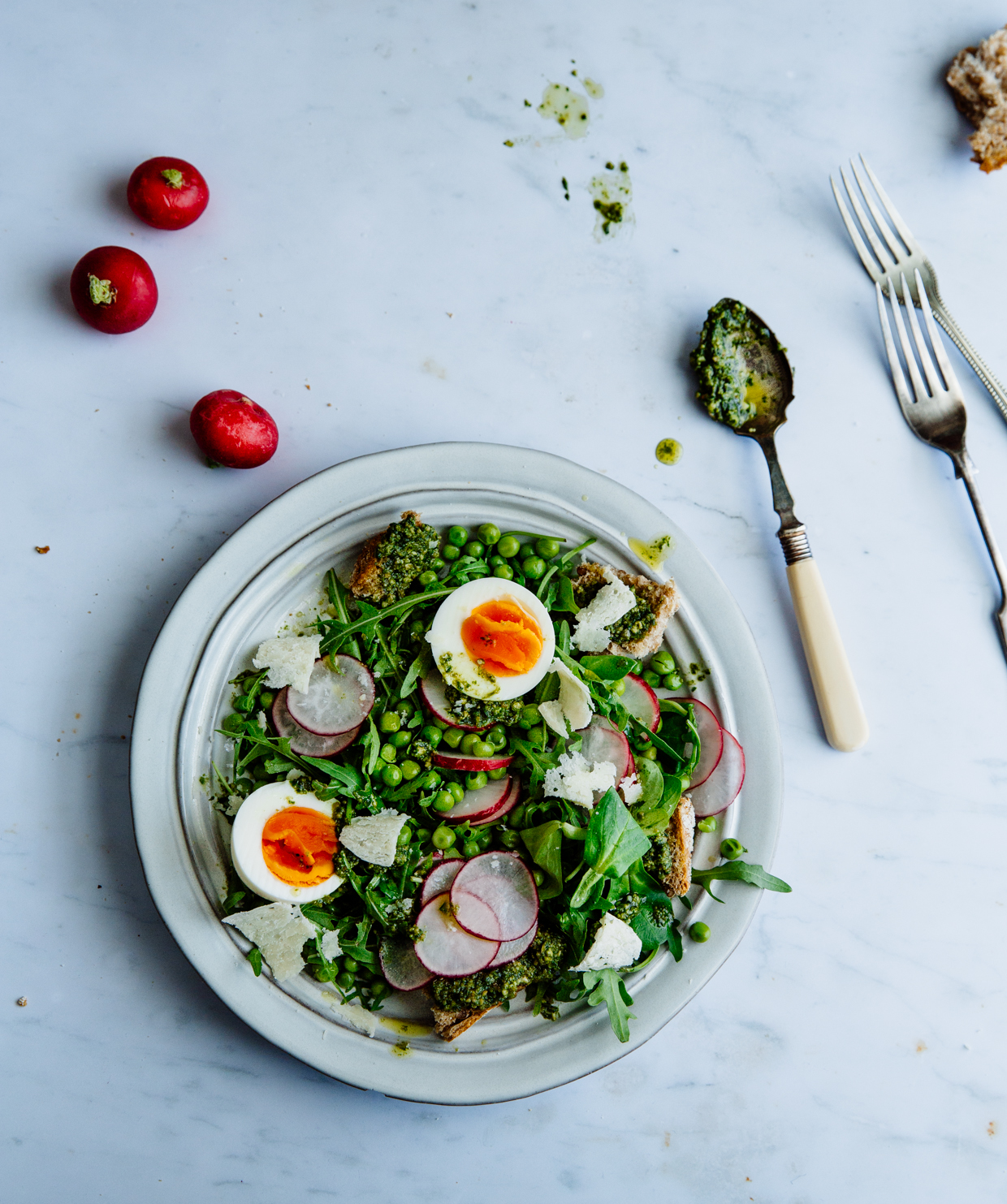 Pea, pesto & egg salad with radishes & sourdough