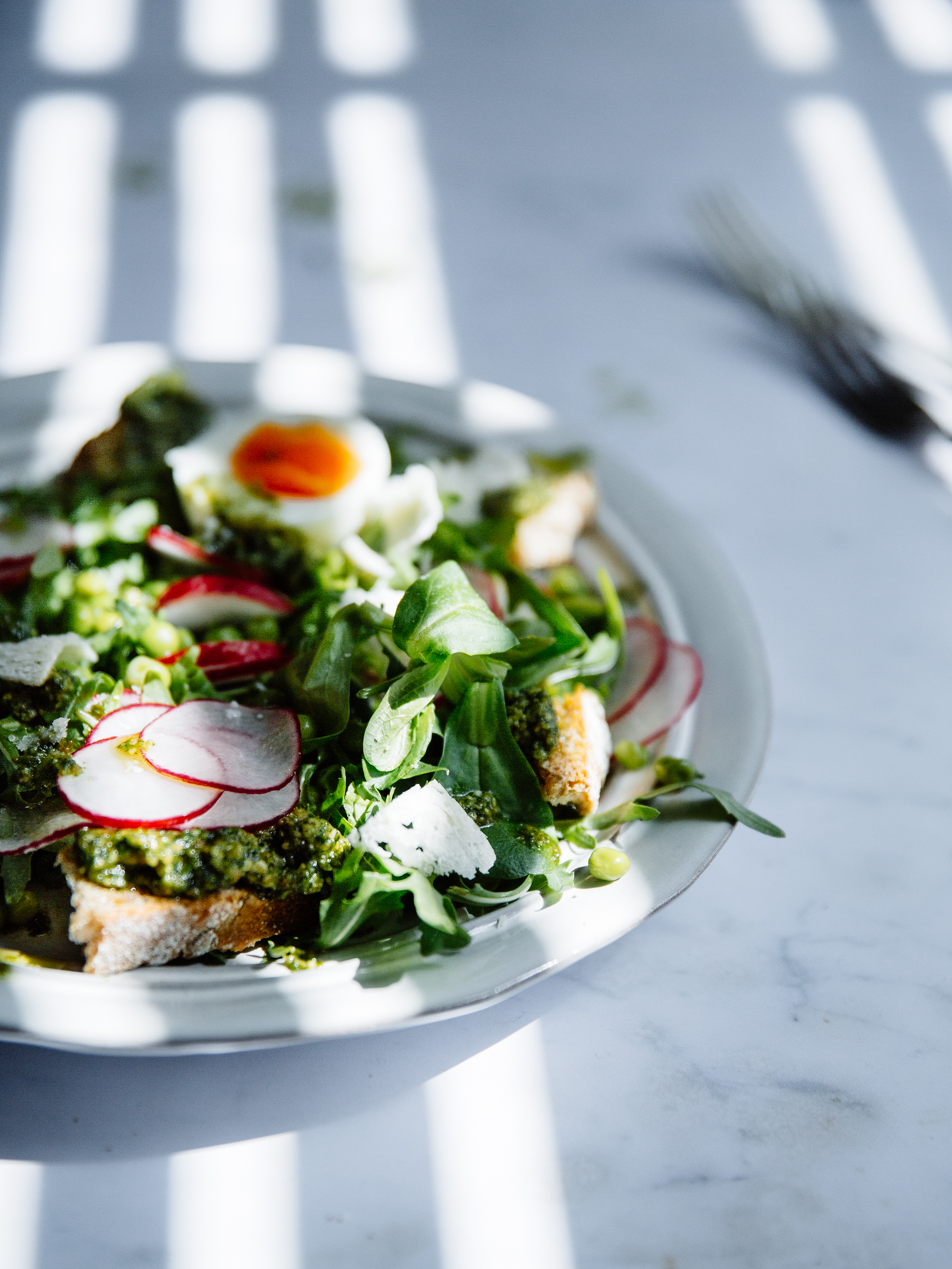 Pea, pesto & egg salad with radishes & sourdough