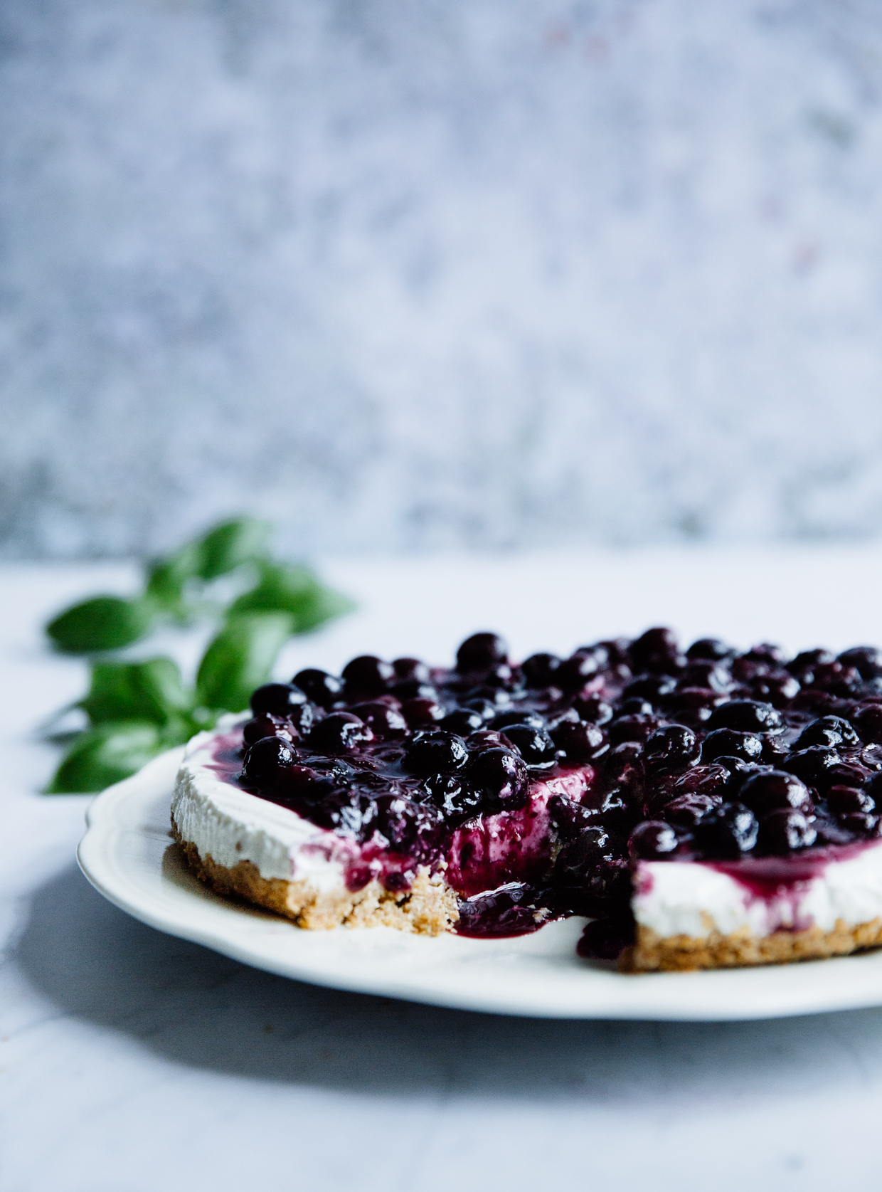 Blueberry, basil & lime yogurt cheesecake