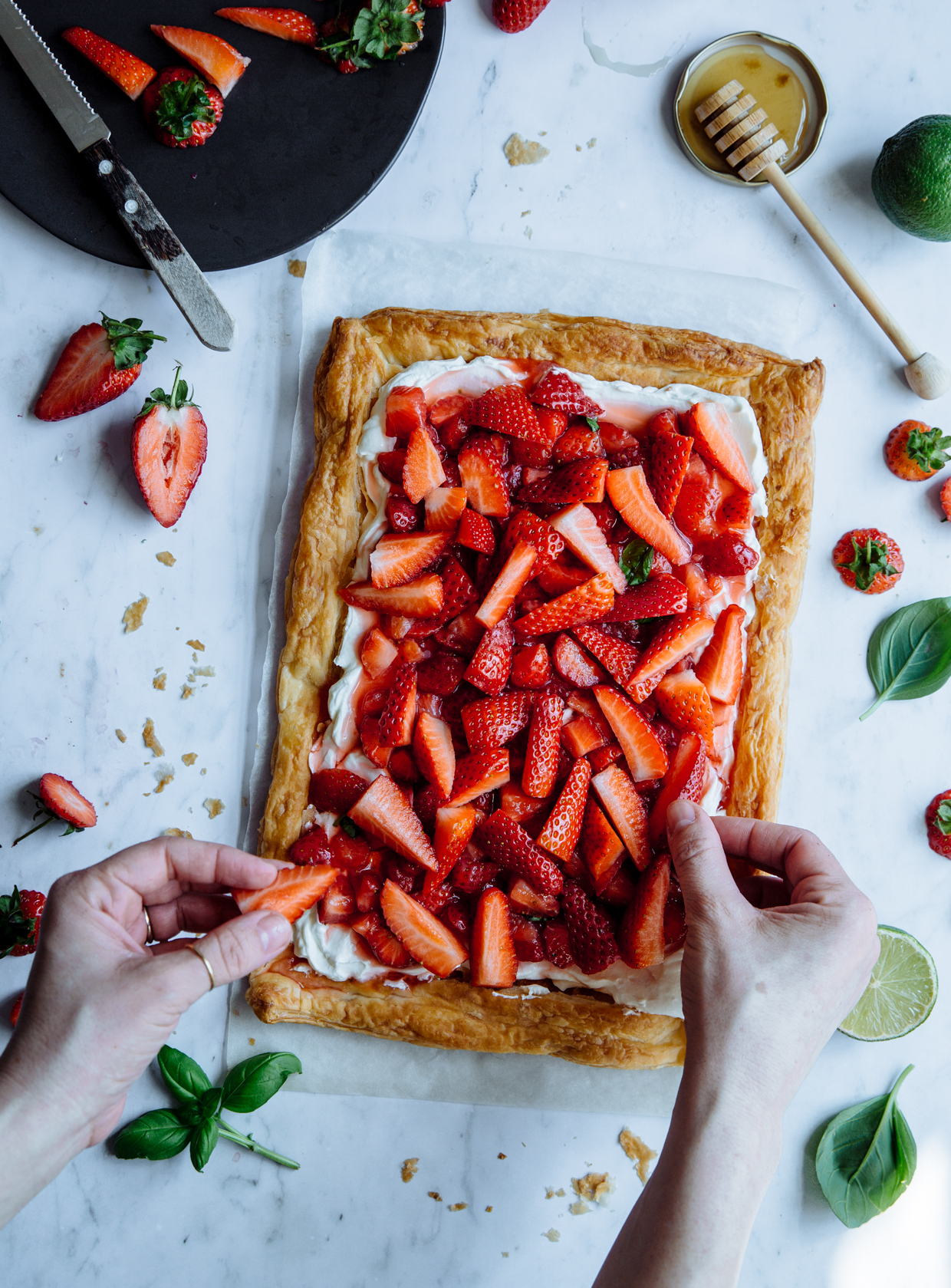 Strawberry, basil & lime cream cheese tart