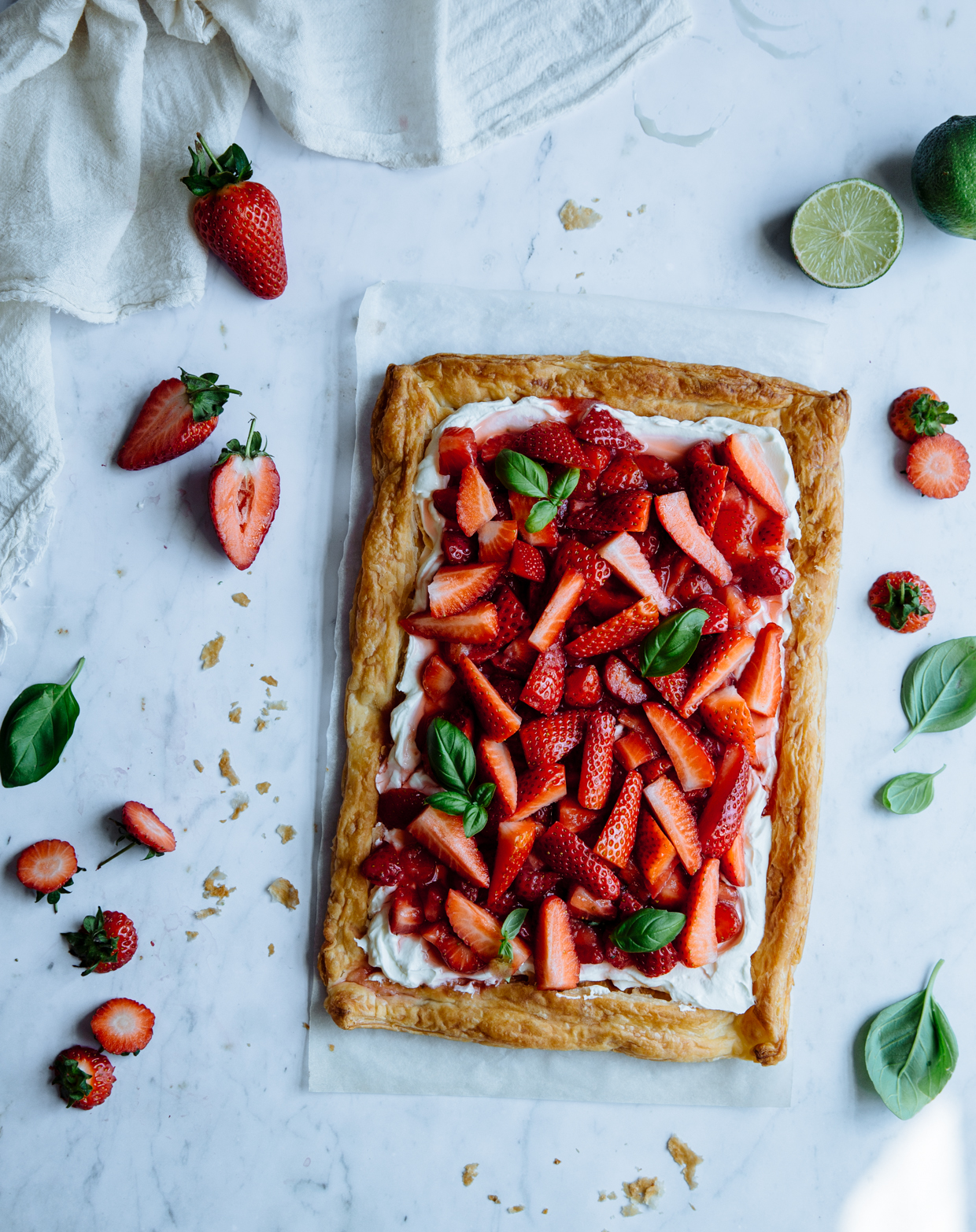 Strawberry, basil & lime cream cheese tart