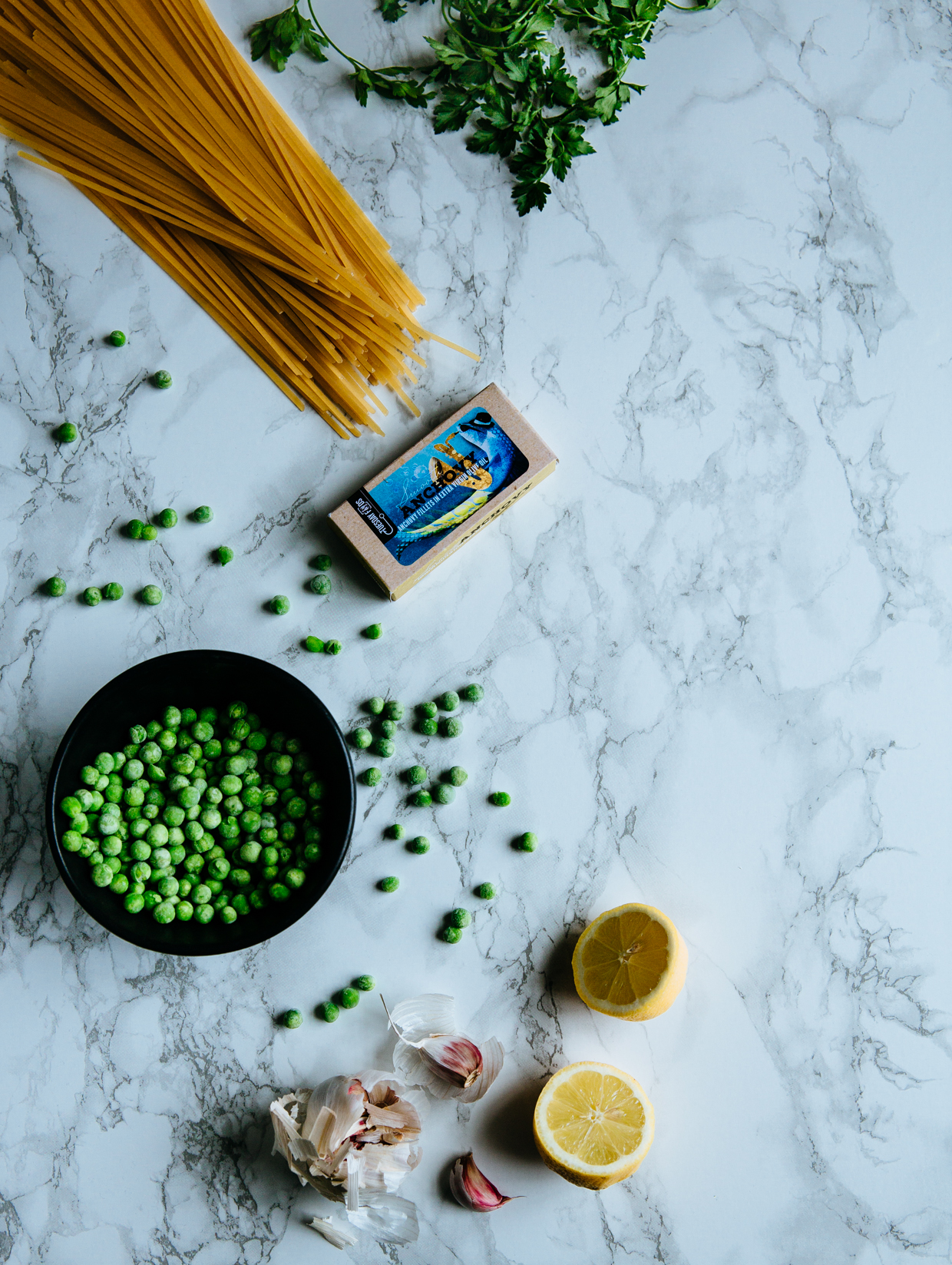 Anchovy, pea & garlic lemony tagliatelle