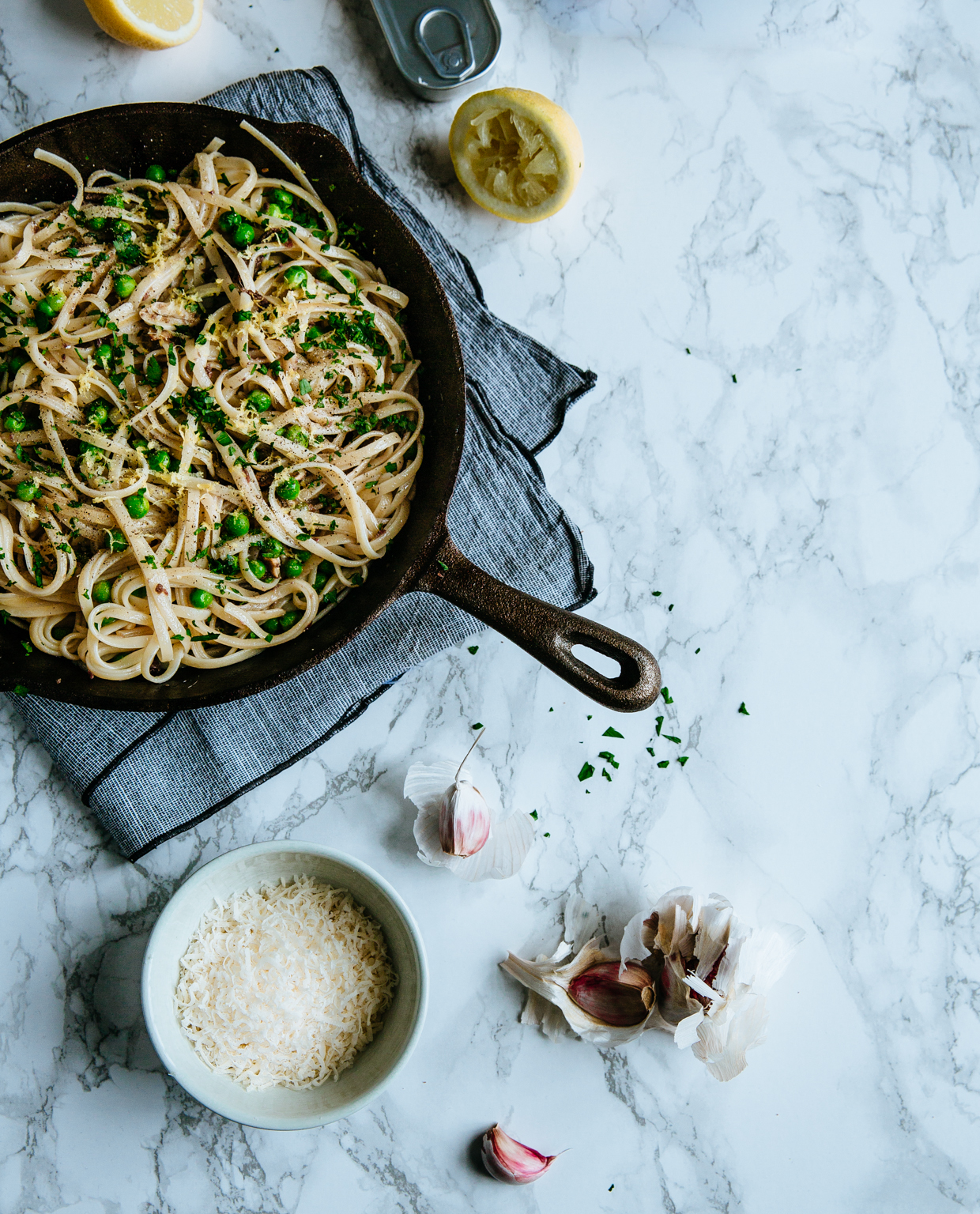 Anchovy, pea & garlic lemony tagliatelle