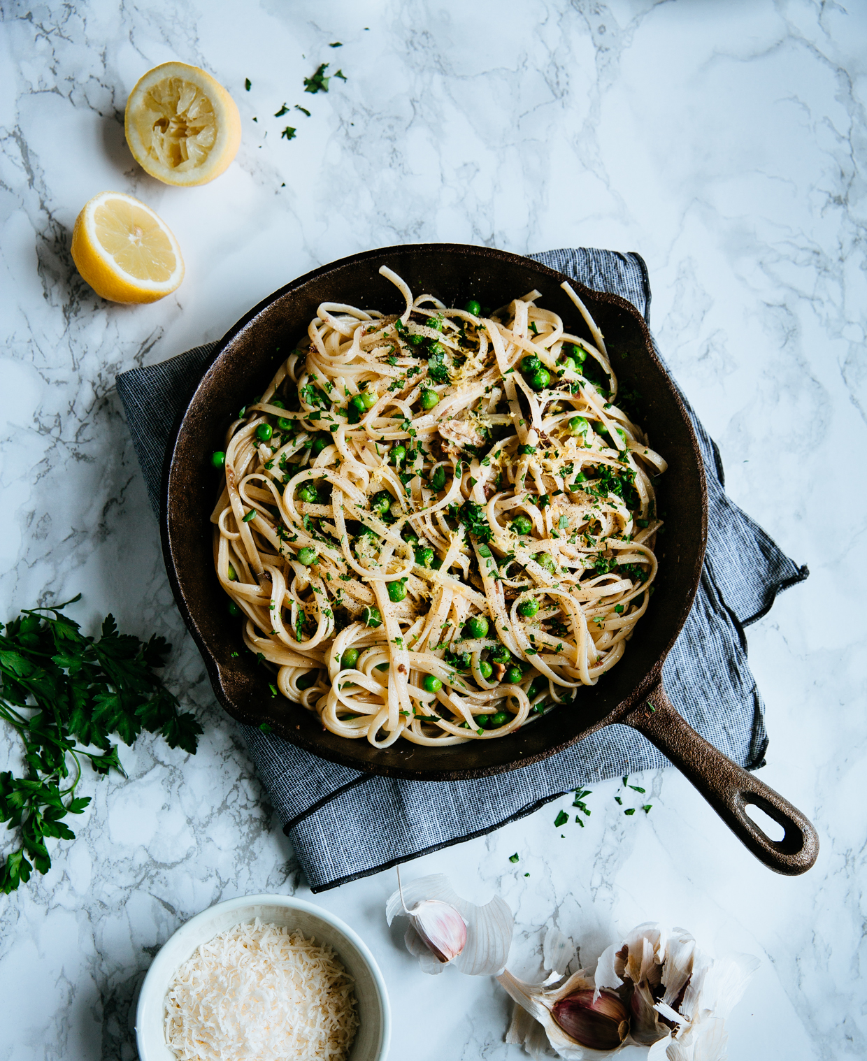 Anchovy, pea & garlic lemony tagliatelle