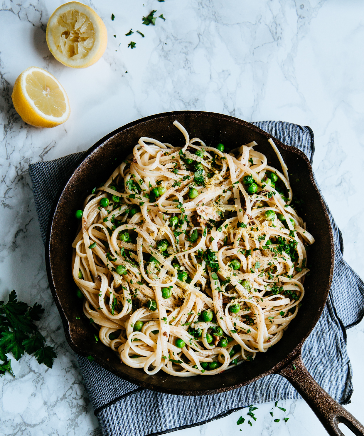 Anchovy, pea & garlic lemony tagliatelle