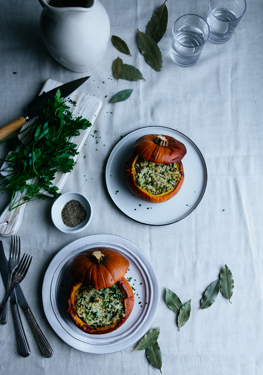 Baked pumpkins, stuffed with couscous, blue cheese & pine nuts