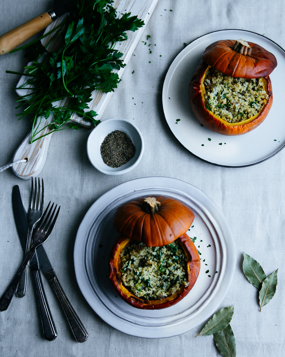 Baked pumpkins, stuffed with couscous, blue cheese & pine nuts