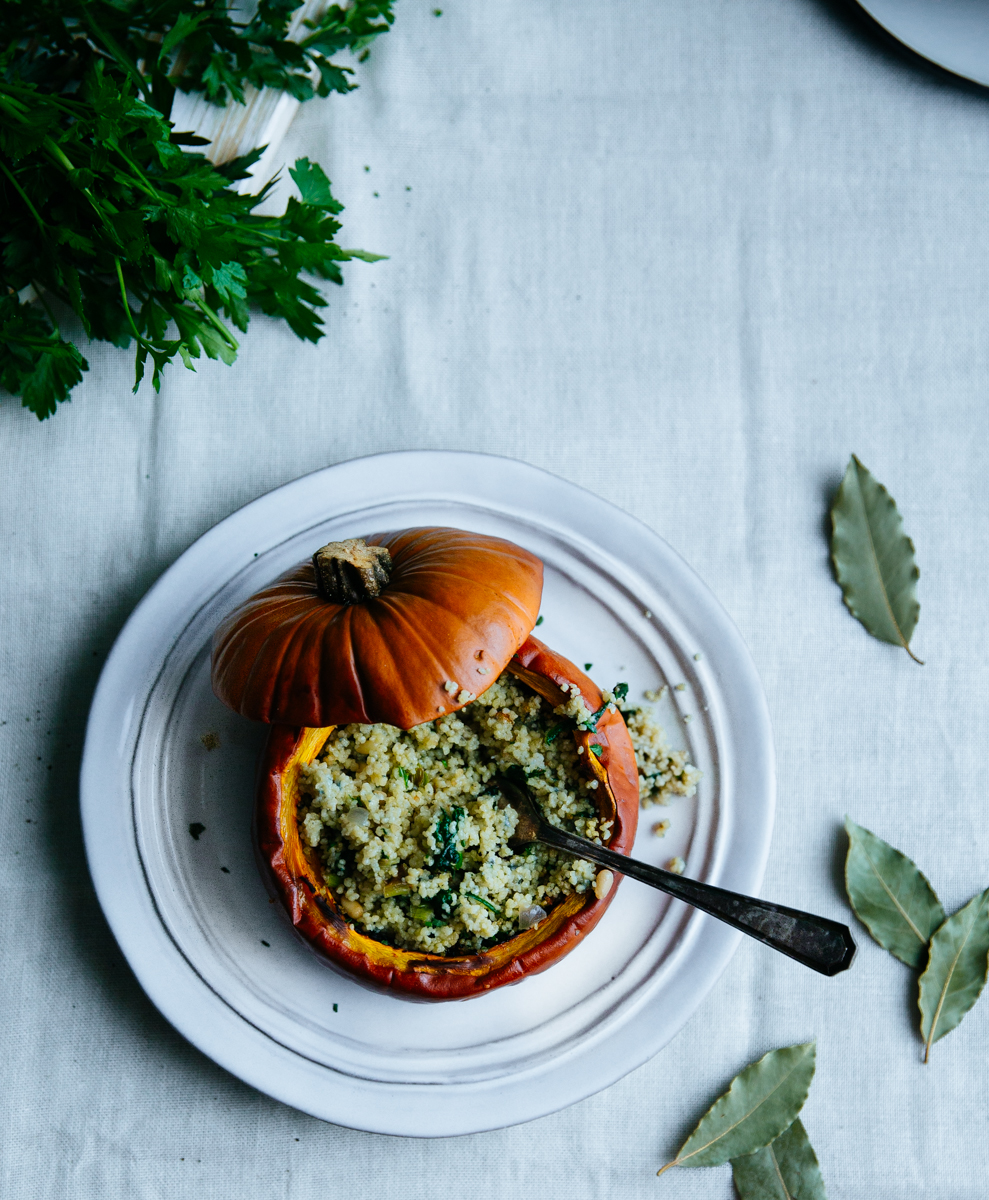 Baked pumpkins, stuffed with couscous, blue cheese & pine nuts