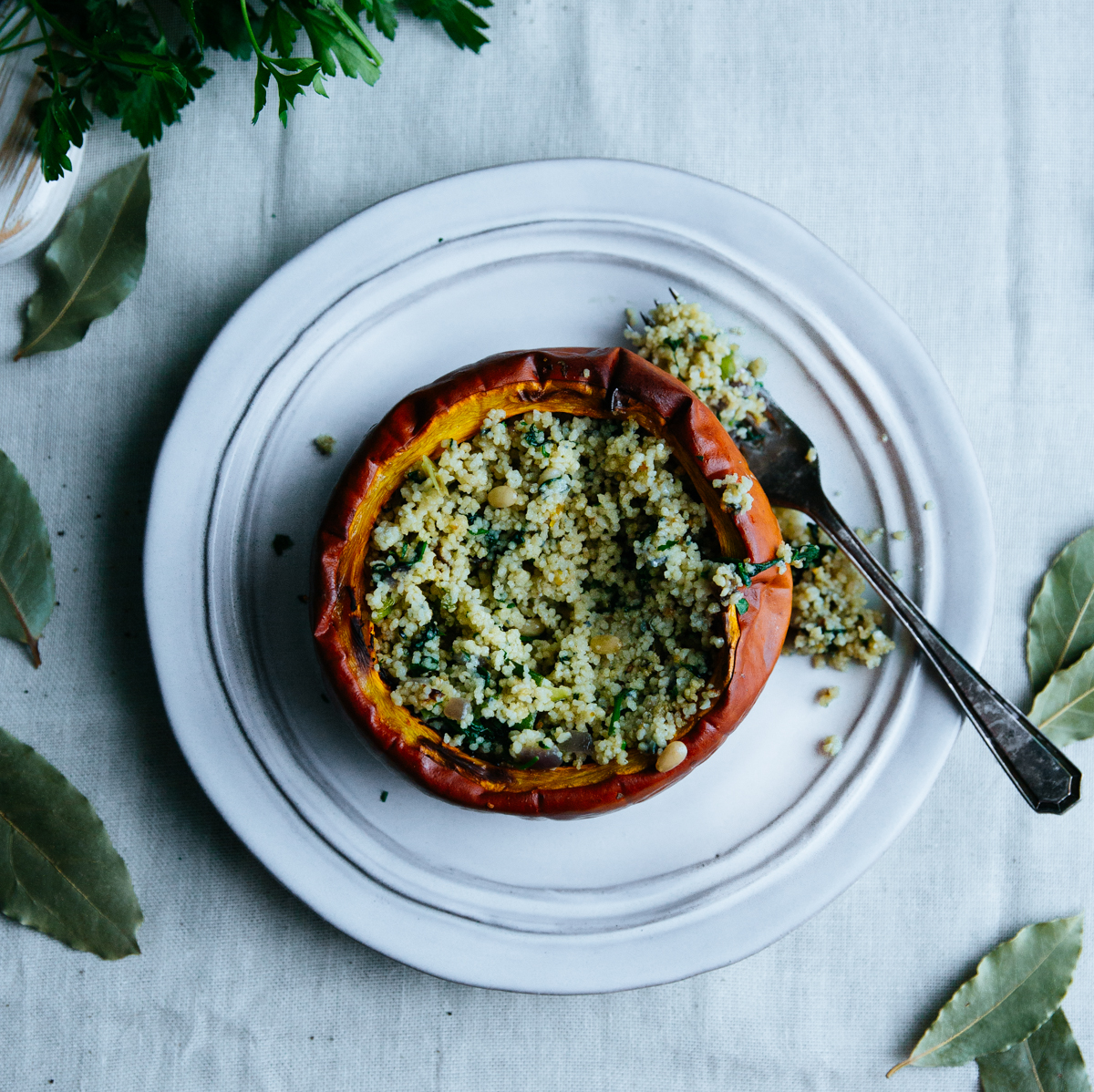 Baked pumpkins, stuffed with couscous, blue cheese & pine nuts