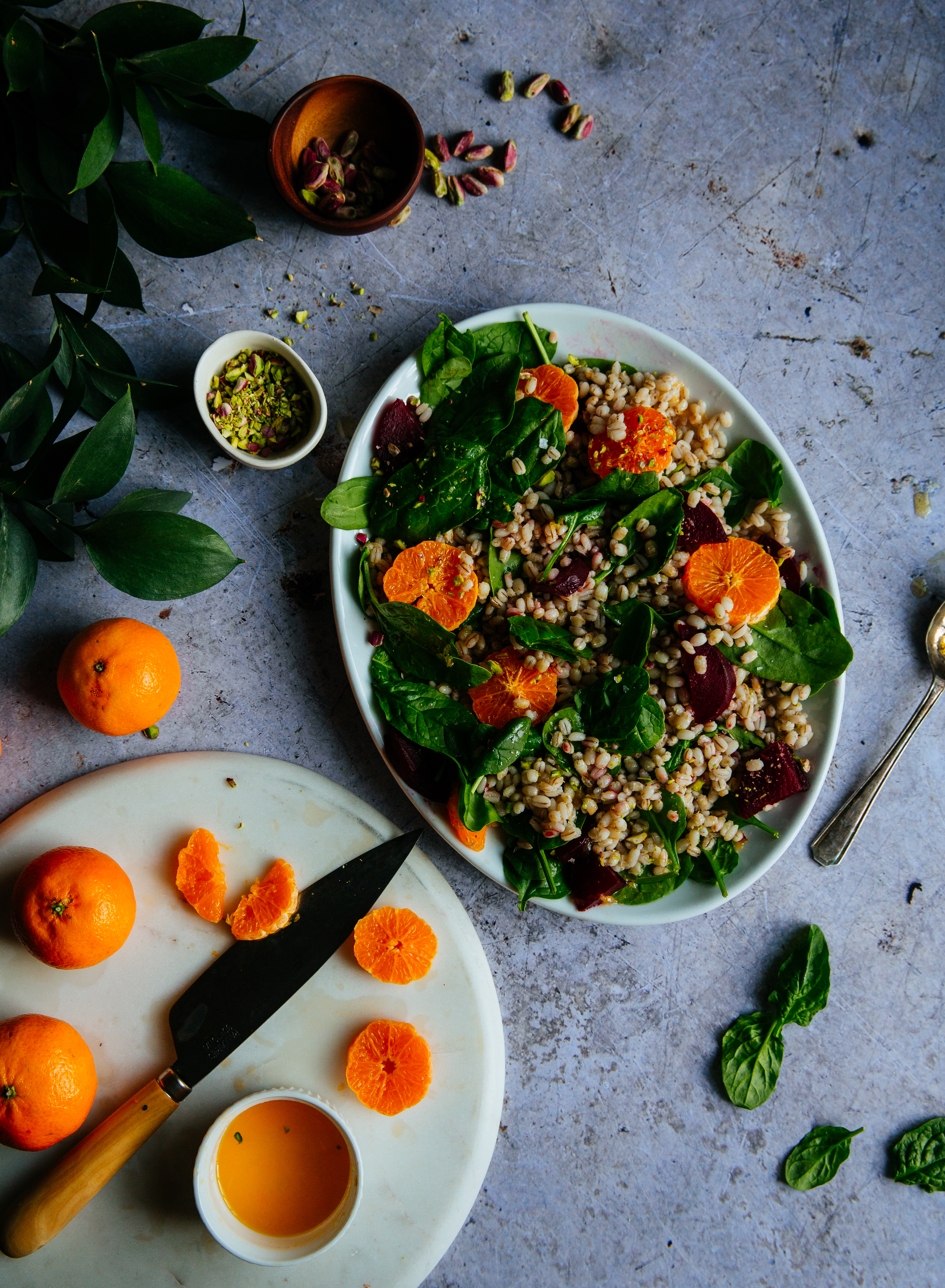 Mandarine, beet & pistachio barley salad