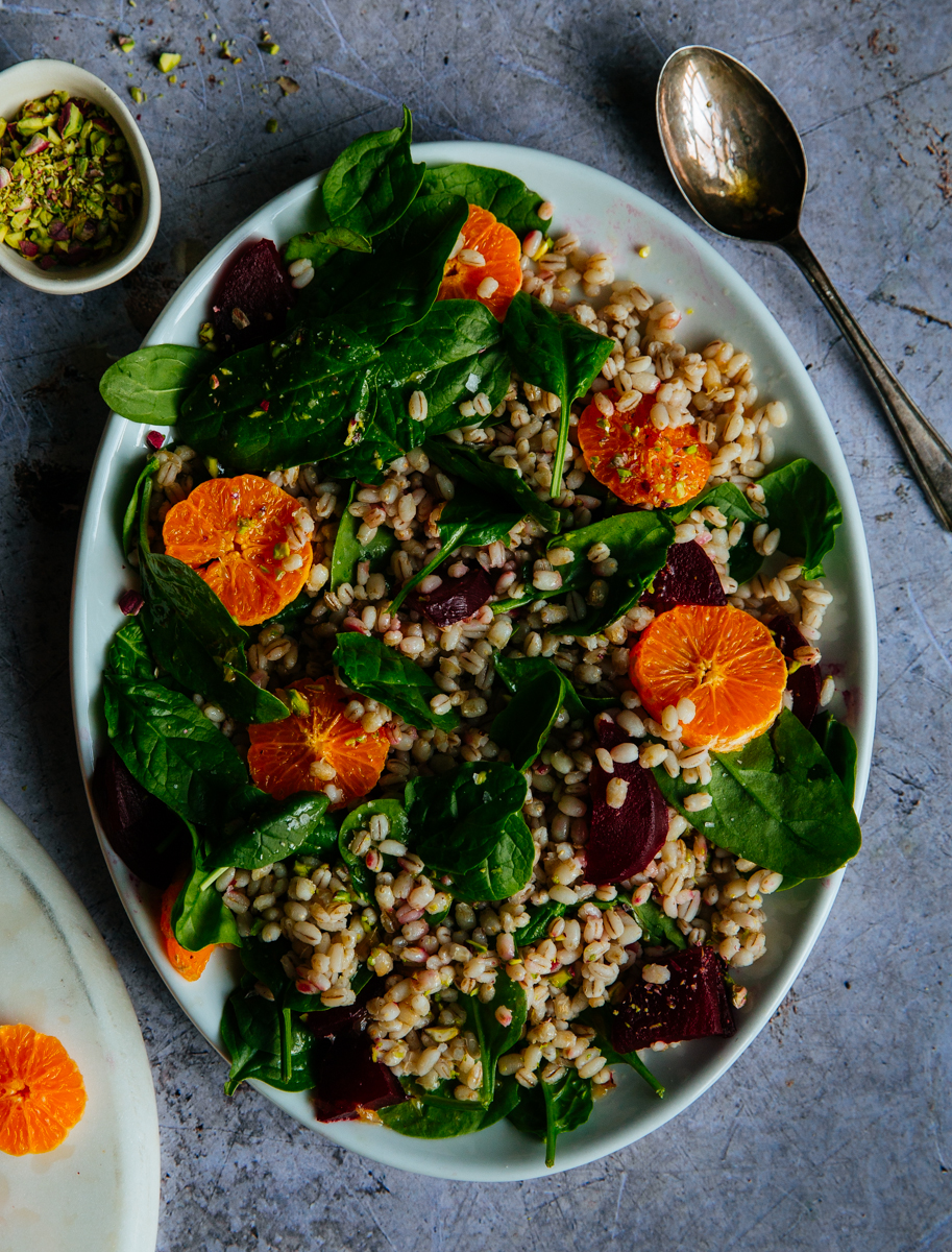 Mandarine, beet & pistachio barley salad