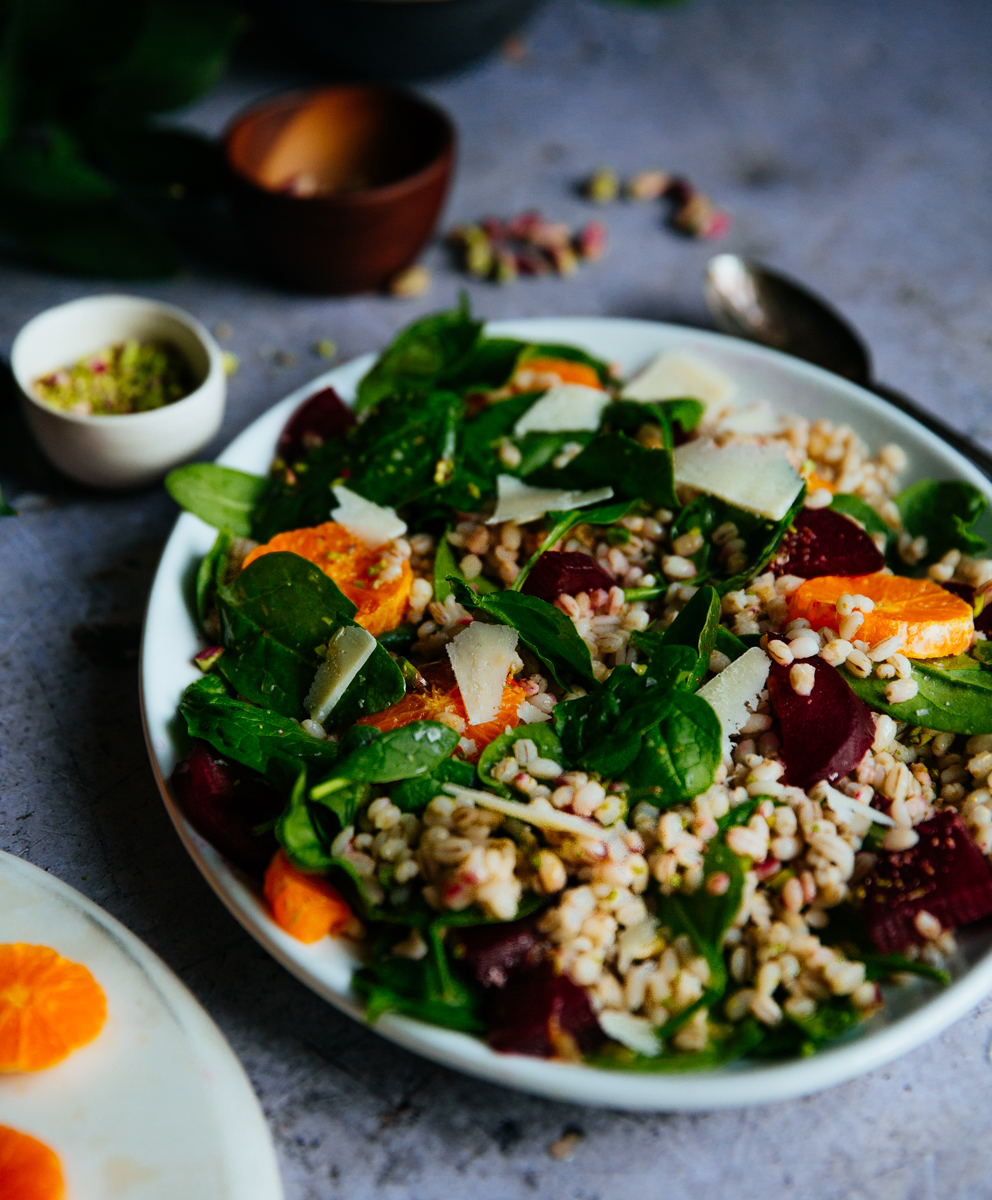 Mandarine, beet & pistachio barley salad