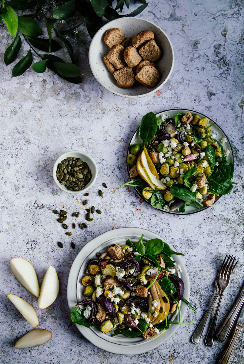 Brussels sprouts, pear & spinach salad with feta & croutons