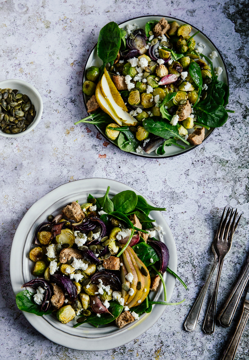 Brussels sprouts, pear & spinach salad with feta & croutons