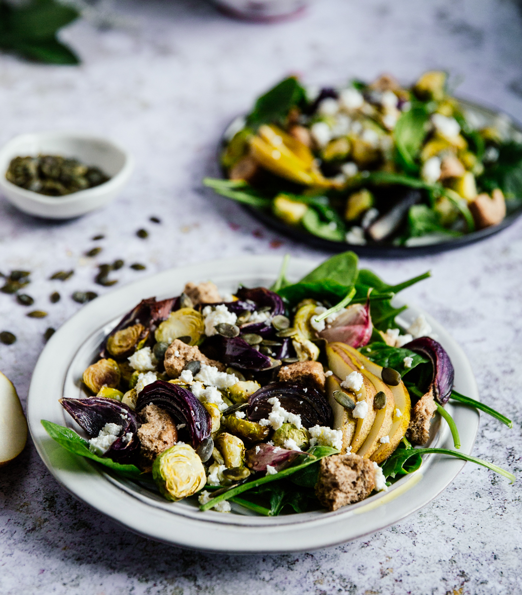 Brussels sprouts, pear & spinach salad with feta & croutons