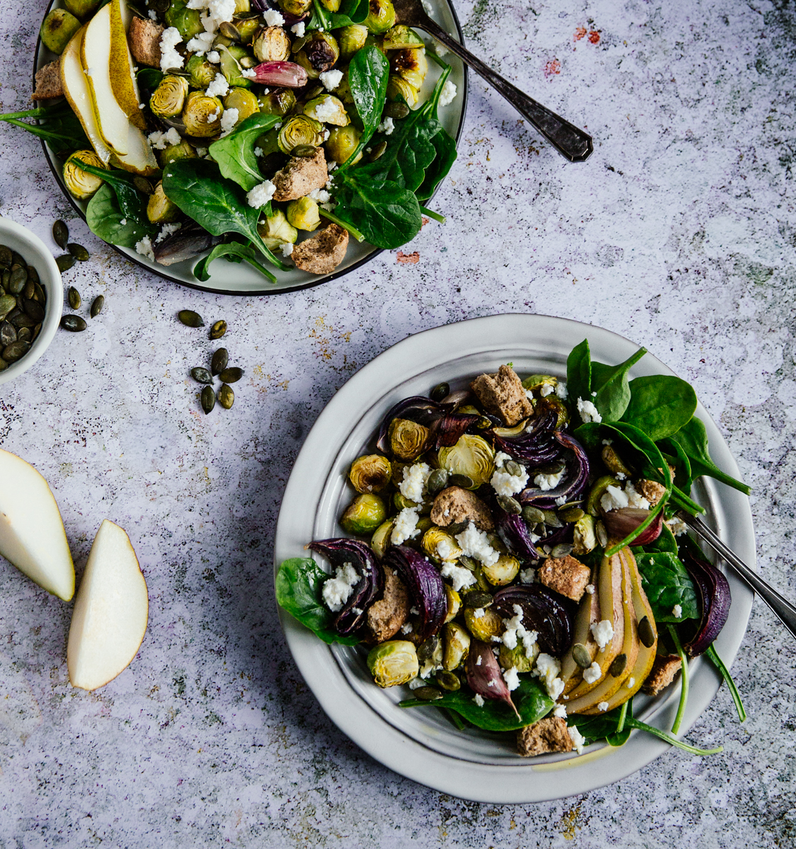 Brussels sprouts, pear & spinach salad with feta & croutons