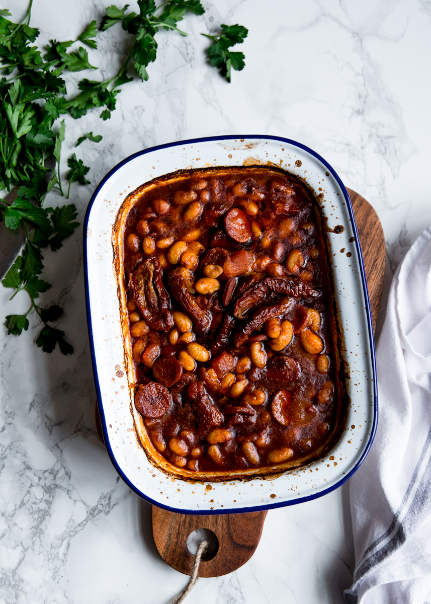 Baked beans with harissa, chorizo & sun dried tomatoes