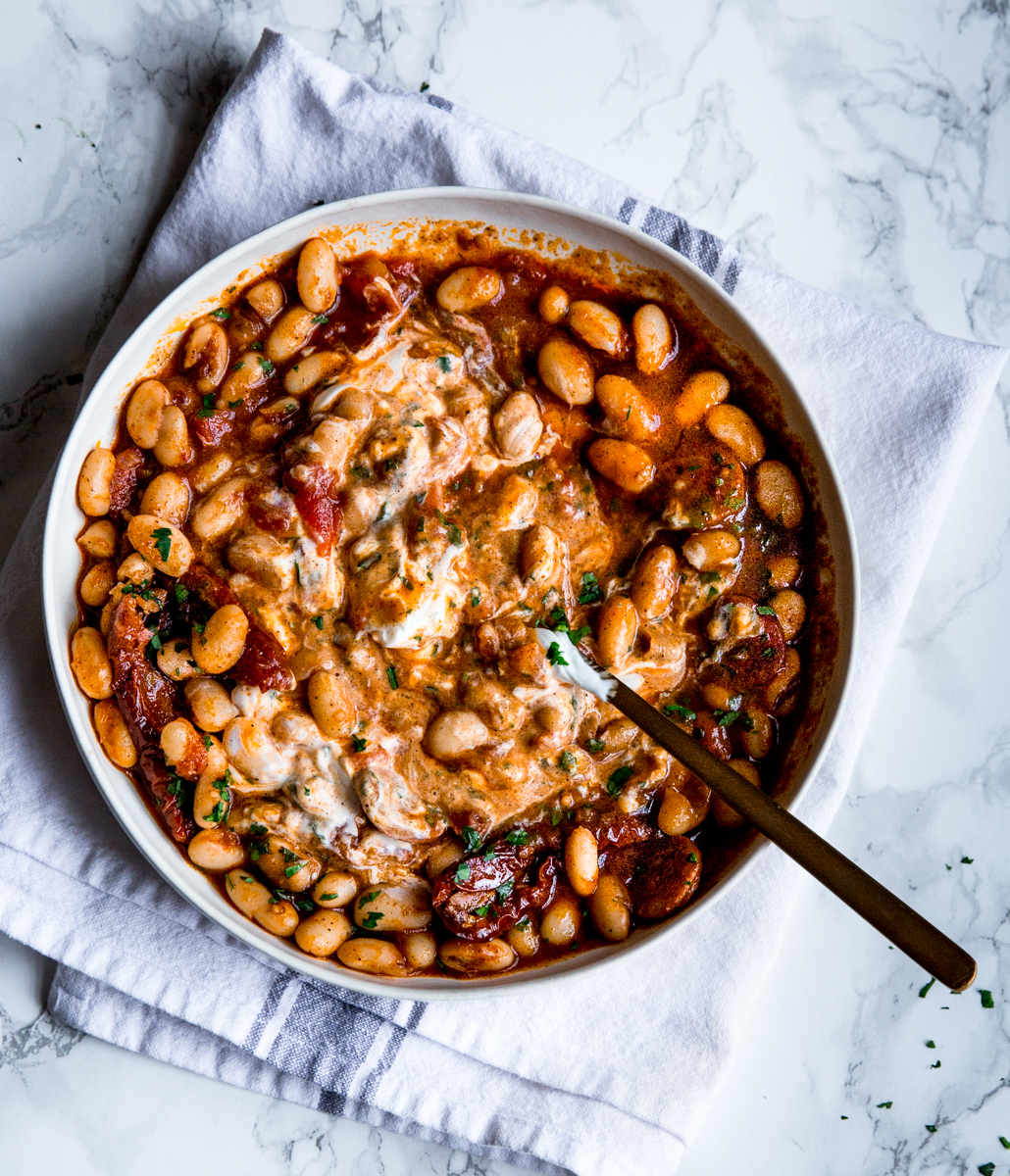 Baked beans with harissa, chorizo & sun dried tomatoes