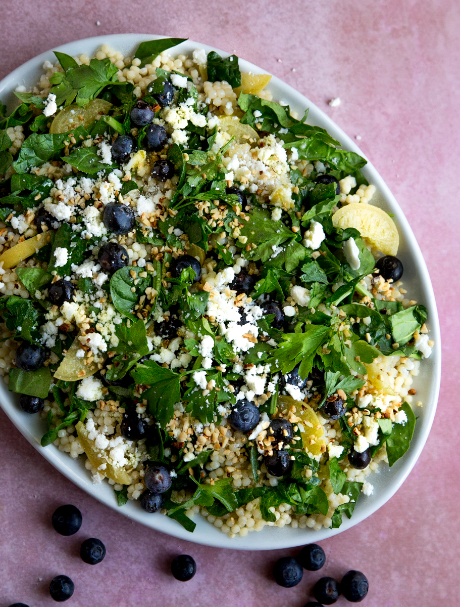 Giant couscous with blueberries, hazelnuts, feta & preserved lemons